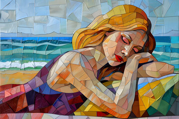 Mosaic Art of Woman Relaxing on Beach with Ocean Background