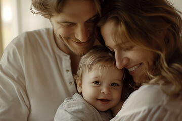 A happy man and woman are holding a baby, smiling with joy. Generative AI
