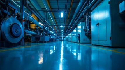 Blue-toned modern industrial facility interior.