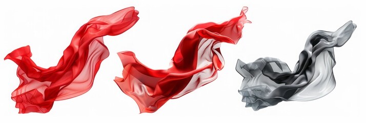 Red and Gray Flying Fabric: Dynamic Shapes of Elegant Satin and Silk on Isolated White Background