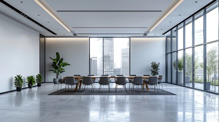 Spacious modern meeting room with city view.