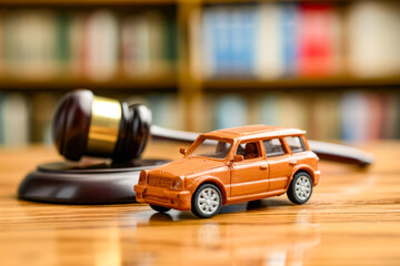 Toy car is sitting on table next to gavel.