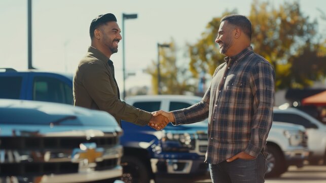 A Hispanic sales representative shaking hands with a customer after finalizing the purchase of a truck at the dealership. 