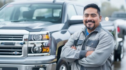 A proud Hispanic sales representative standing next to a brand new truck on the dealership lot, ready to make a deal. 