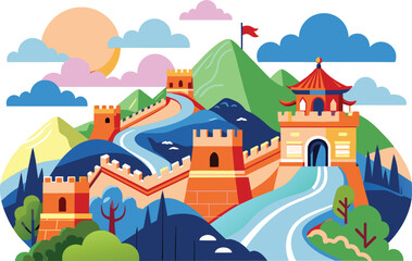 Flat illustration of travel destination Great Wall of China, vector illustration.