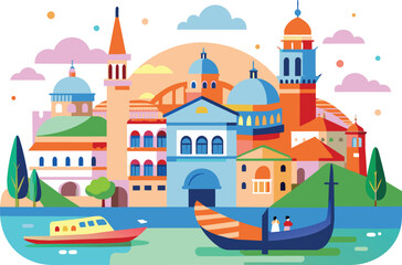 Flat illustration of travel destination Venice Italy, vector illustration.