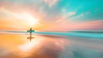 朝日の海とサーファー