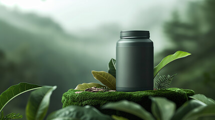 mockup of a green jar presented in a natural scenery on a mossy tree trunk, probably containing a food supplement or cosmetics product