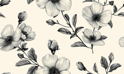 Floral pattern with  flowers and leaves on light background. Hand-drawn illustration style. Design for textile and wallpaper. Seamless pattern