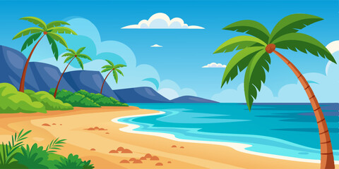 Obraz premium Sunny Day on the Seashore, vibrant and colorful illustration of a tropical beach