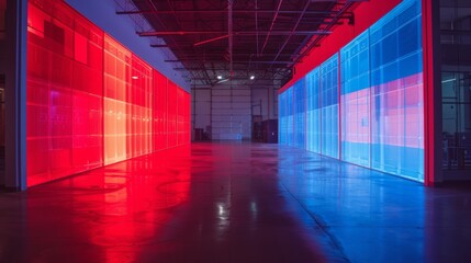 Futuristic blue and red neon-lit industrial space