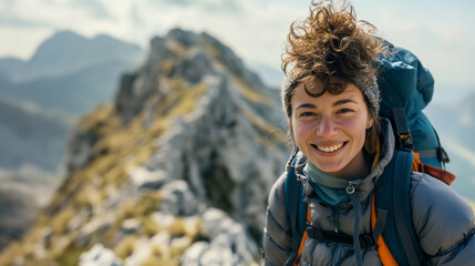 Capturing a close-up of a hiker at the summit of a jagged mountain, their beaming face exuding pure joy and triumph.