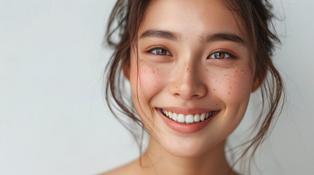 Happy and elegant Korean woman, radiating joy and positivity, isolated on a white backdrop