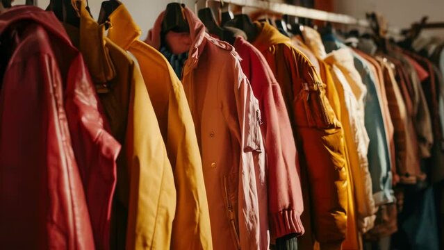 A rack of clothes with a yellow jacket on the left and a pink jacket on the right