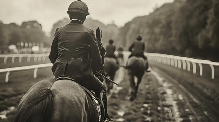 Obraz premium A nostalgic black and white photo style image of a historic racehorse race, with vintage clad jockeys and classic race attire