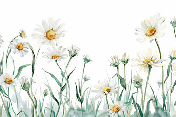 painting watercolor flower background illustration floral nature. White daisies flower background for greeting cards weddings or birthdays. Copy space. 
