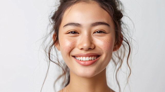 Happy and elegant Korean woman, radiating joy and positivity, isolated on a white backdrop