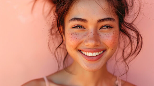 Happy and elegant Korean woman, radiating joy and positivity, isolated on a white backdrop