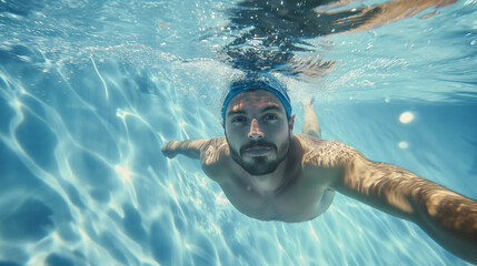 a crystal-clear pool, a muscular young man with a vibrant blue cap swims as sunlight dances on the water's surface, capturing serenity and leisure.
