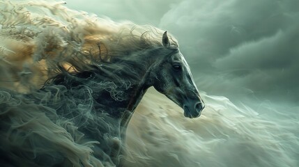 A surreal depiction of a racehorse transforming into wind, its form blurring and merging with the air as it speeds down the track