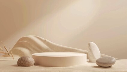 aesthetic 3d render of a minimalist podium with rocks on a beige background