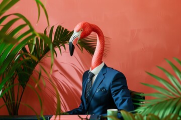 Obraz premium A flamingo in a business suit at a beach-themed office