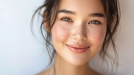 Obraz premium Happy Asian woman with clear skin and a radiant smile, posing against a white backdrop