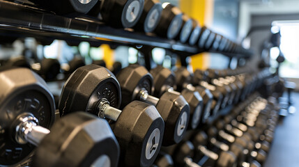 Closeup of row of dumbbells in gym.  body building gym equipment concept