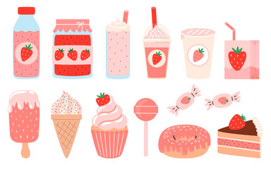 Strawberry food and drink set. Summer refreshing drinks, sweets and desserts with the taste of strawberries. Strawberry Fair. Flat Vector illustration isolated on white background