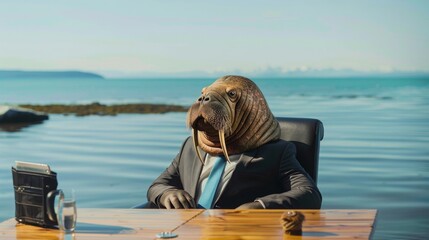 Fototapeta premium A walrus in a business suit at an ice-themed office