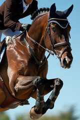 Obraz premium Dynamic Show Jumping Capture: Horse and Rider in Elegant Leap 