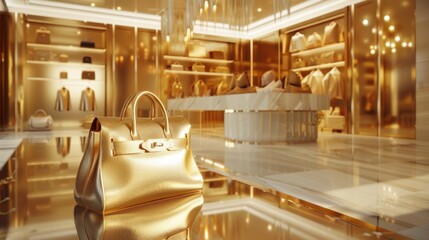 Golden luxury handbag on shiny reflective surface in upscale boutique