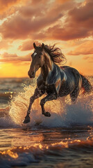 Vibrant Beach Horse Riding at Sunset with Horses Galloping Along Shore  