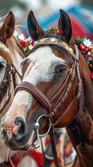 Fototapeta premium Colorful Country Fair Horse Parade Showcasing Various Breeds 