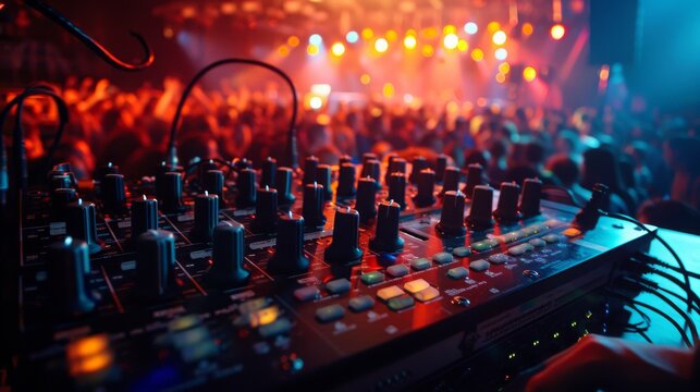 Music mixing board. DJ. Close-up of recording. Background audio track in dark recording Aesthetics of industrial machinery, multimedia, bright colors