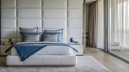 Modern elegant bedroom interior showcases a neatly made bed with blue accents bedding, patterned pillows, and decorative bedside elements. Organic cotton bed linen