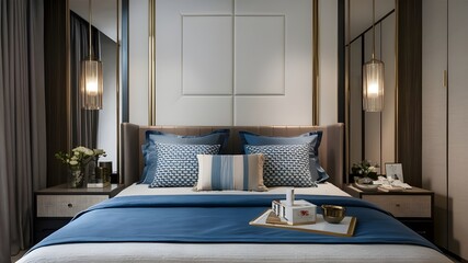Modern elegant bedroom interior showcases a neatly made bed with blue accents bedding, patterned pillows, and decorative bedside elements. Organic cotton bed linen