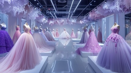 Lavish bridal boutique with elegant gowns and pink decor