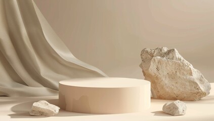 3d render of a minimalist podium with rocks on a beige background