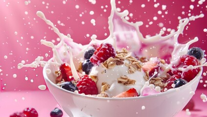 Topping fruit strawberry strawberries splashing dropping onto milk melted gelato yoghurt ice cream with droplet splash on pink background.