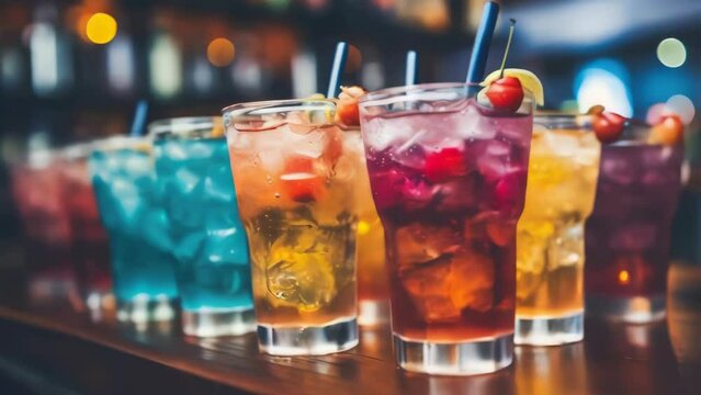 A row of colorful drinks with straws in them. The drinks are in glasses and are lined up on a bar