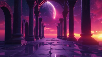 Mystical temple under a cosmic pink and purple sky