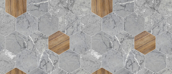 Wallpaper of hexagon tiles of solid marble with white seams. High quality seamless realistic texture.