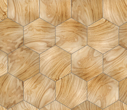 Wallpaper of hexagon tiles of solid wood with gray seams. High quality seamless realistic texture.