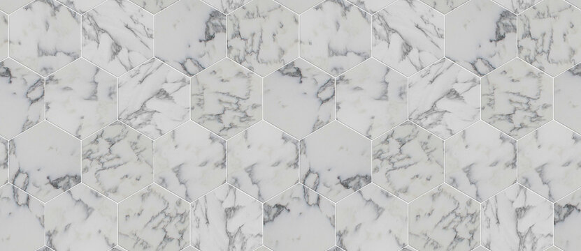 Wallpaper of hexagon tiles of solid marble with white seams. High quality seamless realistic texture.