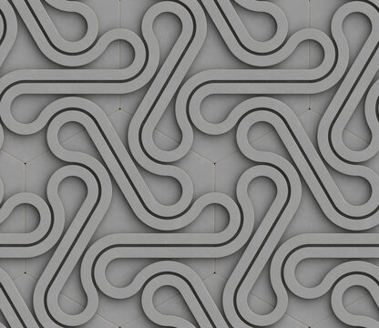 3D gray metal wall with three dimensional ribbon shapes connected by silver hinges located above the hexagons. High quality seamless realistic texture.