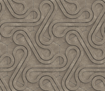 3D gray metal wall with three dimensional ribbon shapes connected by silver hinges located above the hexagons. High quality seamless realistic texture.