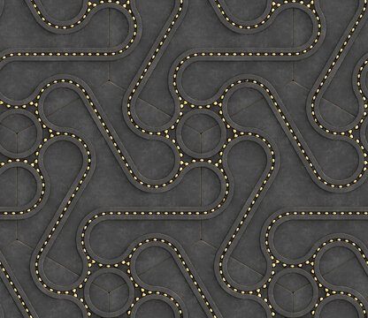 3D gray metal wall with three dimensional ribbon shapes connected by silver hinges located above the hexagons. High quality seamless realistic texture.
