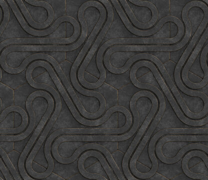 3D gray metal wall with three dimensional ribbon shapes connected by silver hinges located above the hexagons. High quality seamless realistic texture.