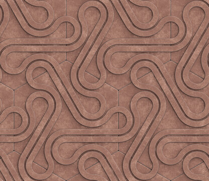 3D gray metal wall with three dimensional ribbon shapes connected by silver hinges located above the hexagons. High quality seamless realistic texture.